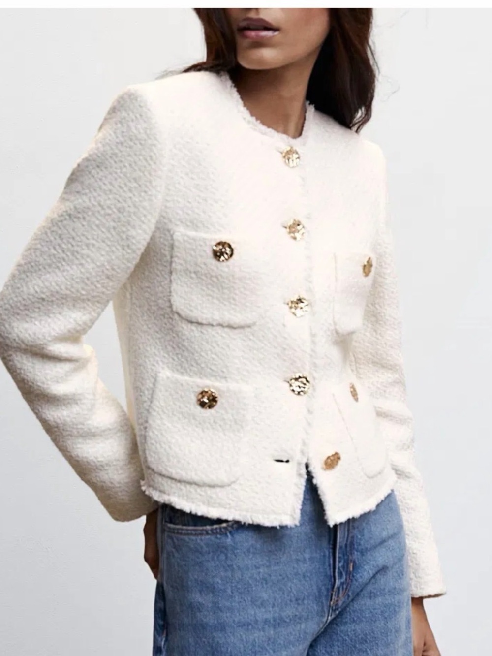 MNG Cream Bouclé Jacket with Gold Buttons. Small